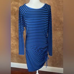 MICHAEL KORS Blue and Black Striped | Asymmetrical Side Ruched Dress Size Medium